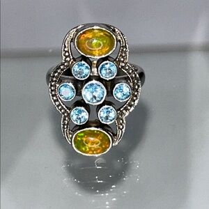 NWOT Genuine Ethiopian Opal Blue Topaz Gemstone Sterling Silver Ring Bohemian